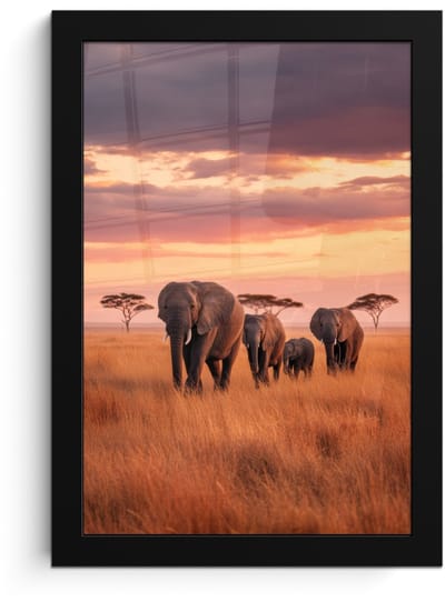 Poster in lijst - Fotolijst 20x30 cm - Posters - Groep olifanten - Open vlakte - Zon - Posterlijst zwart - Decoratie - Wanddecoratie woonkamer - Muurdecoratie slaapkamer