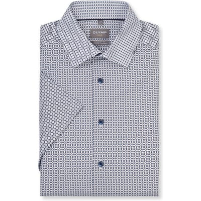 OLYMP 24/7 Luxor comfort fit overhemd - korte mouw - dobby - wit met blauw en bruin dessin - Strijkvriendelijk - Boordmaat: 44 (EU maat: XL)