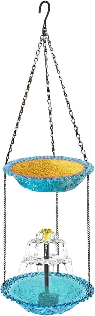 Vogelbad op voet-waterschaal voor vogels buiten-Op zonne-energie werkende vogelfontein met pomp - Kolibriefontein met regelbare waterstroom - Roodborstje - Mus terraszuil - Terras - Tuindecoratie - Blauw - 23,5 x 70 cm