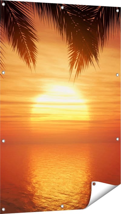 Gards Tuinposter Zonsondergang op het Strand met Palmbomen - 80x120 cm - Tuindoek - Tuindecoratie - Wanddecoratie buiten - Tuinschilderij