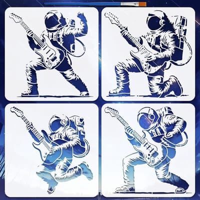 4 Stuks Astronaut Gitaar Schilder Stencils met Kwast - Herbruikbare 30x30cm Plastic Sjablonen voor Muurdecoratie en Creatieve Kunstprojecten