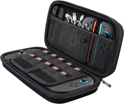 Beschermende draagtas voor Nintendo Switch 2, EVA case met ruimte voor 10 gamecards en mesh pocket voor accessoires, zwart