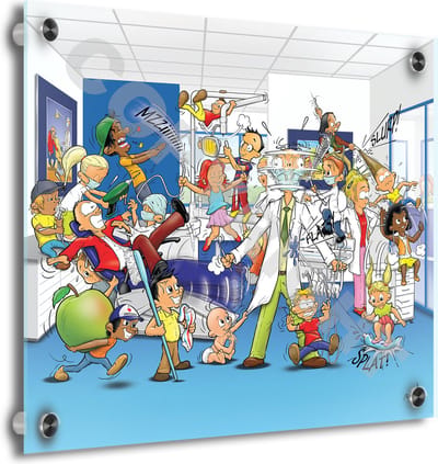 Tandarts Cartoon op plexiglas - Uniek ontwerp - Roland Hols - Tandartsenpraktijk 2 - 40 x 40 cm - 5 mm dik - inclusief 4 afstandhouders chroom (zilverkleurig) - Decoratie - Orthodontist - Mondhygiënist