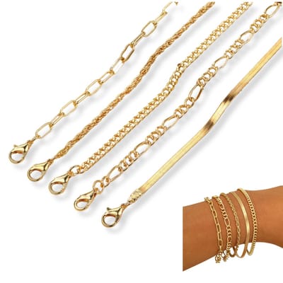 Marama - Armbanden Set Emilie Goud - set van 5 - gold plated - stainless steel - verstelbaar - subtiel design - schakelarmband - nikkelvrij