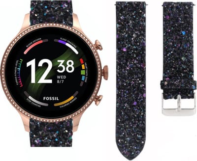 Leren glitter bandje - geschikt voor Fossil Gen 6 44mm / Gen 5e 44mm / Gen 5 - zwart