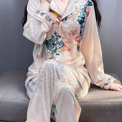 Herfst en Winter Velvet Pyjama Set Dames Huiskleding Bedrukte Bloem Pyjama Set Pyjama Los Velvet Huiskleding Ondergoed 2XL roze