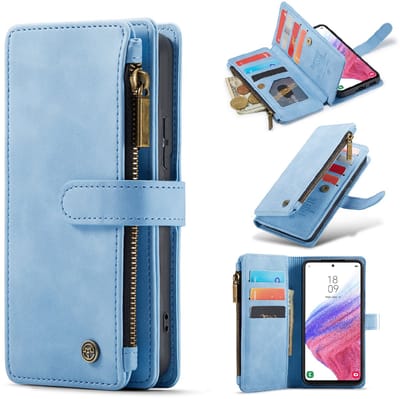 Casemania Hoesje Geschikt voor Samsung Galaxy Z Fold 4 - Sky Blue - Luxe Portemonnee Book Case met Rits en Extra Vakken