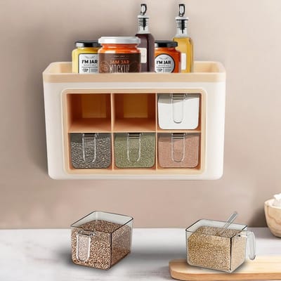 Dailygoods- Specerijcontainer met wandhouder - Ruimtebesparend - Specerijpotten - 6 vakken - Zelfklevend - 28,5 x 17 x 11 cm - Specerijpot