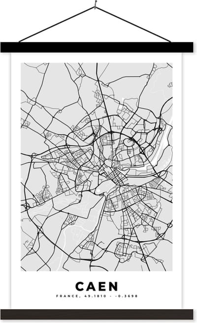 Posterhanger incl. Poster 40x60 cm - Schoolplaat - Frankrijk - Plattegrond - Kaart - Caen - Stadskaart - Textielposter - Zwarte latten - Stadskaart