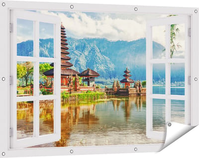 Gards Tuinposter Doorkijk Pura Tempel in Bali op het meer Beratan - 120x80 cm - Tuindoek - Tuindecoratie - Wanddecoratie buiten - Tuinschilderij