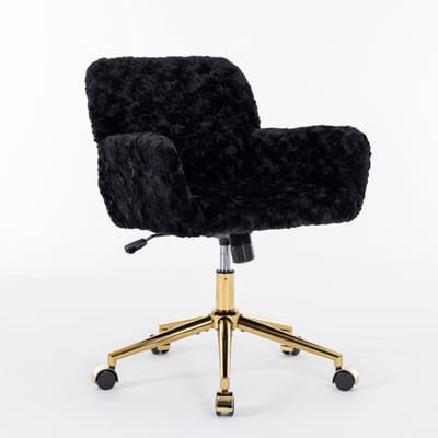 Zwarte Pluche Bureaustoel - In Hoogte Verstelbare Make-up Stoel - 360 Graden Draaibaar - Met Armleuning - Gouden Basis - Slaapkamer - 61x60x90cm - Zwart