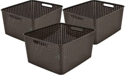 Opbergmand 28,5L Set van 3 Kunststof Rattan Design – Mandjes Riet Look – Opbergbox – Kinderkamer – Keukenkast en Kledingkast Organizer – 40x34x23 cm