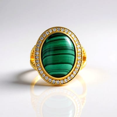 Cavill - Elegante Ovale Malachiet Ring - 925 Sterling Zilver 18K Goud Verguld - 10,58 ct Malachiet DR Congo - 38 Pavé Zirkonia - Dames Sieraden
