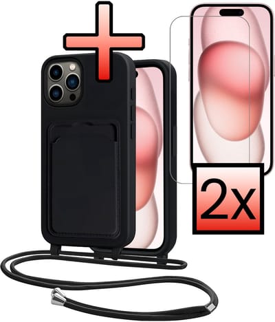 Hoes Geschikt voor iPhone 14 Pro Hoesje Pasjeshouder Cover Met Koord Case Siliconen Hoes Met Telefoonkoord en Kaarthouder Met 2x Screenprotector - Zwart