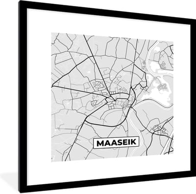 Fotolijst incl. Poster Zwart Wit- België – Maaseik – Stadskaart – Kaart – Zwart Wit – Plattegrond - 40x40 cm - Posterlijst