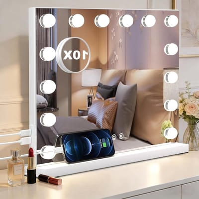 SnelShoppen - Hollywood Make-uptafelspiegel met Verlichting, Dimbare Make-upspiegel met 14 LED Lampen, 3 Kleurtemperaturen, Oplaadpoorten, Touch-Contr