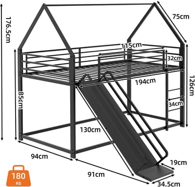FloraGrace Hoogslaper 90x190 cm - Met Glijbaan en Ladder - Huisvormig Kinderbed met Veiligheidshek - Zonder Matras - Metaal - Zwart