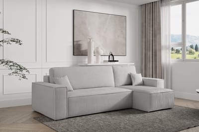 Hoekbank Frenkie - Universeel - Ribstof - Grijs - Slaapbank met opbergruimte - Lounge Links of Rechts - Direct Leverbaar - Hoekzetel - Chaise longue - Zetel met slaapgedeelte - 3 zits - Zitcomfort Medium