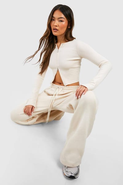 boohoo Dames Dubbelrits Lange Mouw Geribbeerd Top en Rechte Pijpen Jogger Set | Steen | Maat: XL