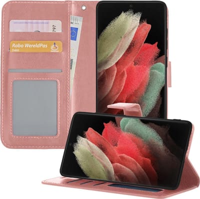 Hoesje - Geschikt voor Samsung Galaxy S21 Ultra - Luxe Bookcase - Walletcase Hoes - Portemonnee - Cover - Telefoonhoes - Rosé goud