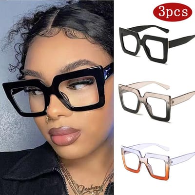 3 pièces Lunettes Stylées à Monture Carrée Large Color Block Stylées Ornementales Verres Clairs Lunettes Écran PC Pour Femmes Hommes beige
