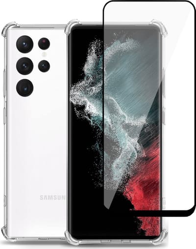 Hoesje geschikt voor Samsung S22 Ultra + Screenprotector – Glass Pet Folie - Extreme Shock Case Transparant