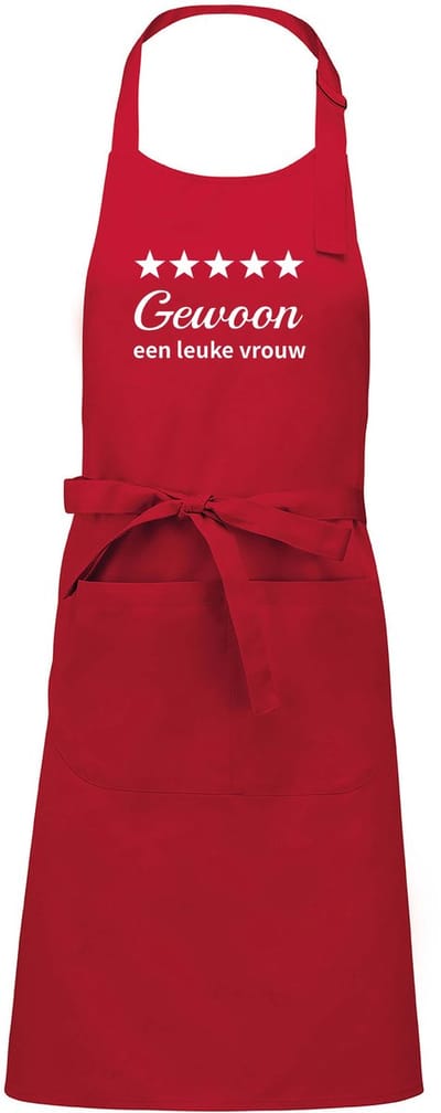 Luxe Keukenschort met Tekst “Gewoon een leuke vrouw” – Cadeau voor Koken & Barbecue – Verstelbaar, Met Voorvak - 76 x 90 cm - rood