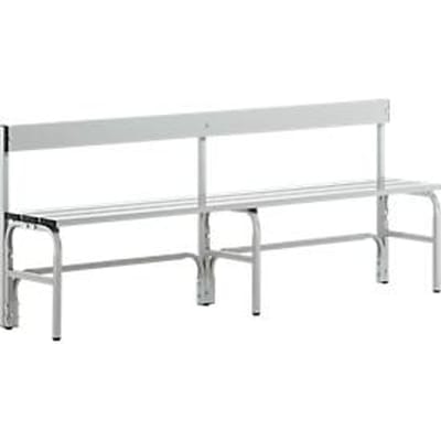 Kleedkamerbank, stalen buis/aluminium, enkel met rugleuning, 1500 mm lang, lichtgrijs