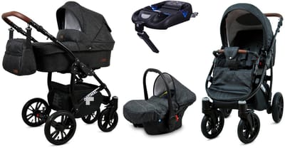 BabyLux® Kinderwagen 4in1 – OPTIMAL - BLACK FLEX BLACK FRAME - Opklapbare Wandelwagen incl. Reiswieg, Multifunctionele Buggy Sportstoel, Autostoel, ISOFIX basisstation - Combi-kinderwagen met Luiertas, Regenhoes, Klamboe