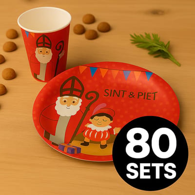 Sinterklaas Bordjes & Bekers Set – 80 Sets – Feestartikelen Sint & Piet – Borden Ø18 cm + Bekers 400 ml – Grote Sinterklaas Tafelset
