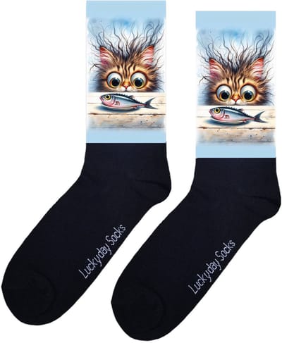 Poes - Opkikker - Grappige sokken - Valentijns cadeau - Verjaardag cadeau - Sint cadeau - Leuke sokken - Aparte sokken - Vrolijke sokken - Cadeautje - Grappige cadeau - Kerstsokken - Vaderdag - Moederdag - Kattenvoer - Vis - Socks maken Happy - 37-44
