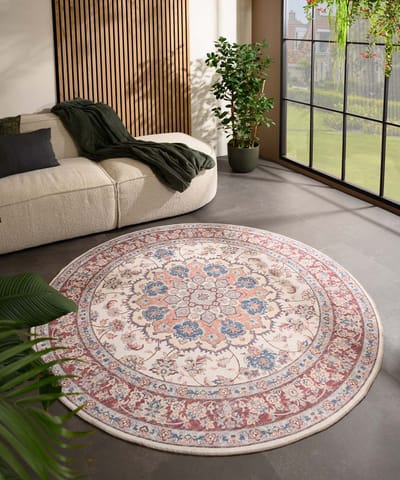 Rond vintage buitenkleed - Valenca Nova crème/rood 115