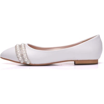 Chaussures de Mariage à Semelle Plate Chaussures en Cristal Chaussures de Mariée Robe de Mariage Confortables Style Coréen Gland Perle Strass Dîner Blanc Chaussures pour Femmes 40