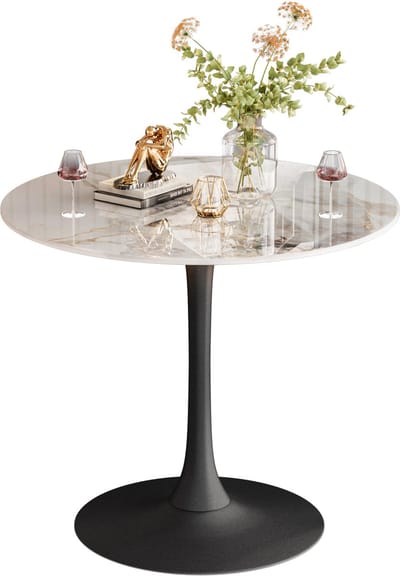 FATIVO Ronde Eettafel - 76 x 76 x 78.5cm - Keukentafel Voor 2-3 Personen - Marmerlook - wit & zwart