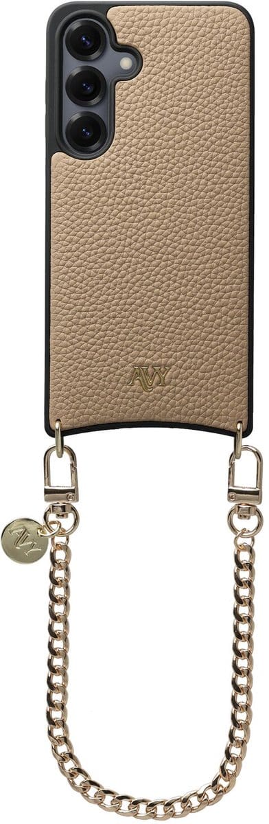 AVY Leren Hoesje Geschikt voor Samsung Galaxy S25 / S24 | Compatibel met MagSafe | Leather Case met Telefoonkoord | Polsband | Beige | Aurum Lien