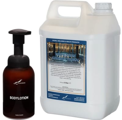 Zeepdispenser 300 ml amber bruin hervulbaar + 5 Liter Bodylotion Hammam Herbal navulling
