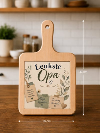 Kaasplank Leukste Opa – Houten Serveerplank met Tegel 15x15 cm – Cadeau voor Opa – Plank 18x31 cm