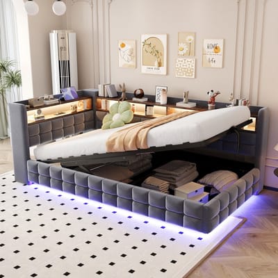 Sweiko Gestoffeerd bed - 90 × 200 cm - Opbergruimte - LED-verlichting - USB/Type-C - Slaapbank - Velvet - Donkergrijs