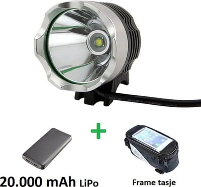 1200 lumen MTB/race LED koplamp set CREE T6 USB aansluiting - EXTREEM veel licht - 100 meter- met 20.000mAh LiPo Powerbank en handig frametasje