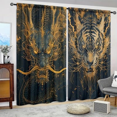 2 stuks Draak Tijger Gevecht Bedrukte Gordijn voor Huisdecoratie - Stangzak Raambekleding voor Slaapkamer, Kantoor, Keuken, Woonkamer 52.5cmX116cmX2pcs brown