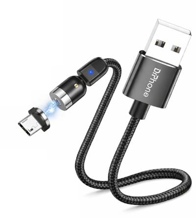 DrPhone Echo AXIS Series Micro-USB Magnetische Kabel – 540° Roterend – 2.4A – Nylon Gevlochten – L-Vorm + Recht – Zwart