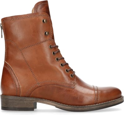 Manfield - Dames - Cognac leren veterlaarzen met bont voering - Maat 36