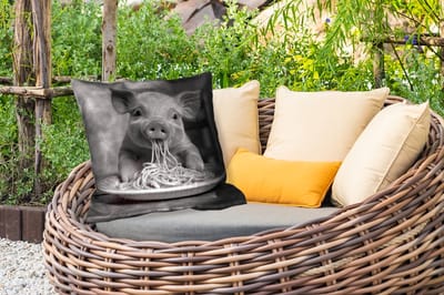 Sierkussen Buiten - Varken - Schattig - Spaghetti - Zwart wit - Dier - 60x60 cm - Weerbestendig