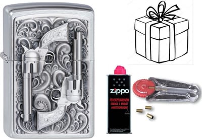Geschenkset Zippo- ZIPPO Revolver met ZIPPO BENZINE en Vuursteentjes-uniek cadeau