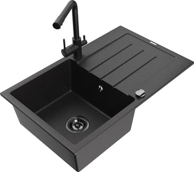 Mexen Bruno granieten spoelbak met 1 bak, afdruiprek en keukenkraan Duero, zwart/zilver metallic - 6513-73-671600-70-B