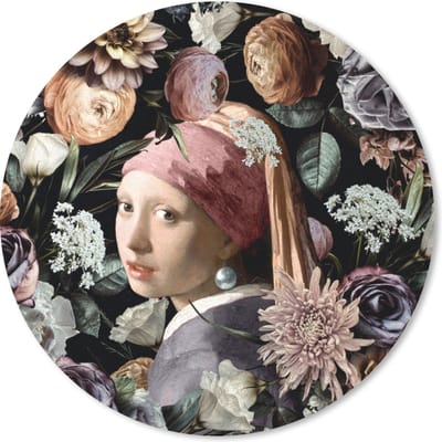 Muismat rond 20x20 cm - Mousepad Meisje met de parel - Bloemen - Vermeer - Pastel - Kunstwerk - Schilderij - Oude meesters - Ronde muismatten