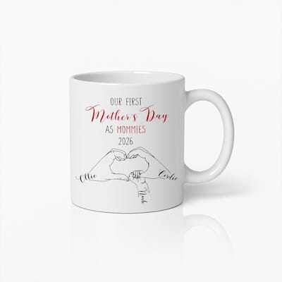 Gepersonaliseerde Mok Onze Eerste Moederdag als Mama's 2026 - Met Namen Line-Art - Cadeau voor Moederdag