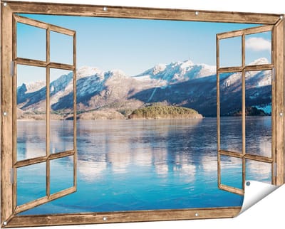 Gards Tuinposter Doorkijk Meer bij het Bergen Landschap in Noorwegen - 150x100 cm - Tuindoek - Tuindecoratie - Wanddecoratie buiten - Tuinschilderij