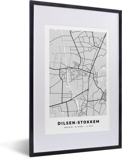Fotolijst incl. Poster Zwart Wit- Zwart Wit – België – Plattegrond – Stadskaart – Kaart – Dilsen Stokkem - 40x60 cm - Posterlijst