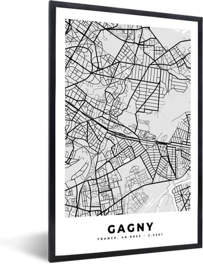 Fotolijst incl. Poster - Plattegrond – Gagny – Stadskaart – Kaart – Frankrijk - 40x60 cm - Posterlijst